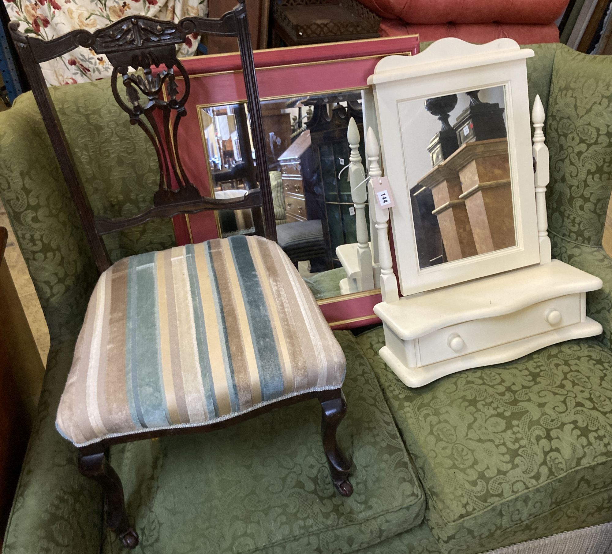 A late Victorian mahogany salon chair, a painted toilet mirror and a rectangular wall mirror